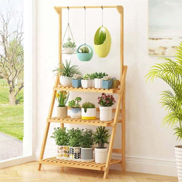 Living and Home 3 Shelf Ladder Bookshelf with Hanging Rod - Size: 140 x 70 x 50 cm - Brown - Wilko - image 1