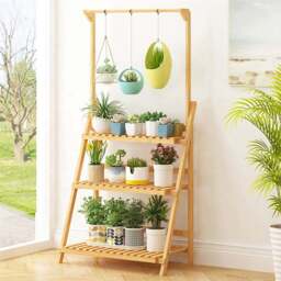 Living and Home 3 Shelf Ladder Bookshelf with Hanging Rod - Size: 140 x 70 x 50 cm - Brown - Wilko
