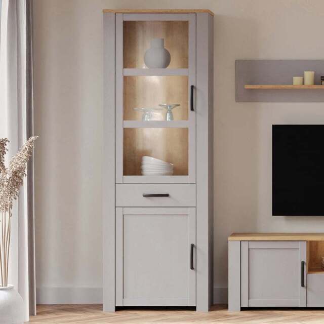 Florence Bohol 2 Door Single Drawer Riviera Oak and Grey Oak Narrow LED Display Cabinet - Furniture To Go - Wilko - image 1