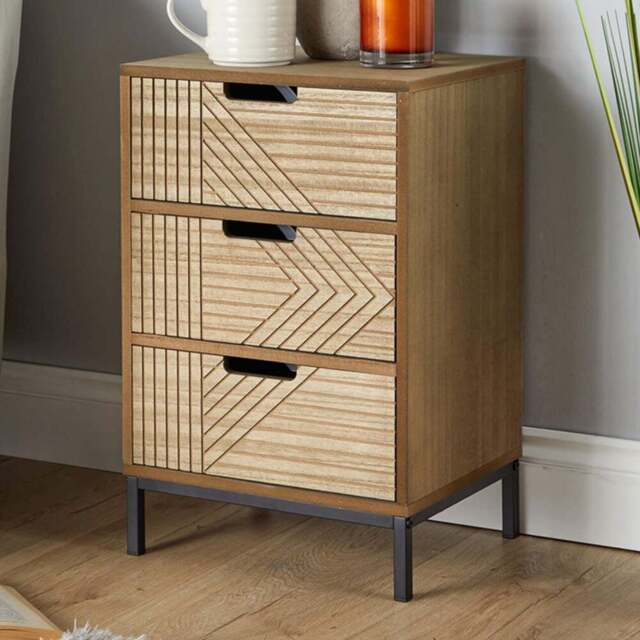 Home Source Mundesley 3 Drawer Geometric Wooden Bedside Table - Brown - Wilko - image 1