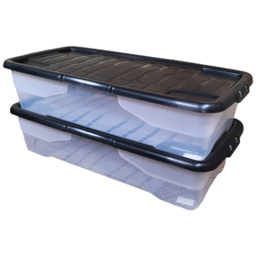 Samuel Alexander 42L Clear Under Bed Storage Box with Black Lid 2 Pack - Size: 80 x 18 x 39cm - White - Wilko