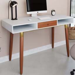 Flair Edelweiss Single Drawer 2 Shelve Desk Walnut and White with Brass Accents - Size: 120 x 50 x 77cm - Multi - Wilko