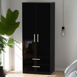 Crowndale Knightsbridge 2 Door 2 Drawer Black Gloss and Black Wardrobe Ready Assembled - Size: 2 Door, 2 Drawer - Black Gloss & Black - Wilko