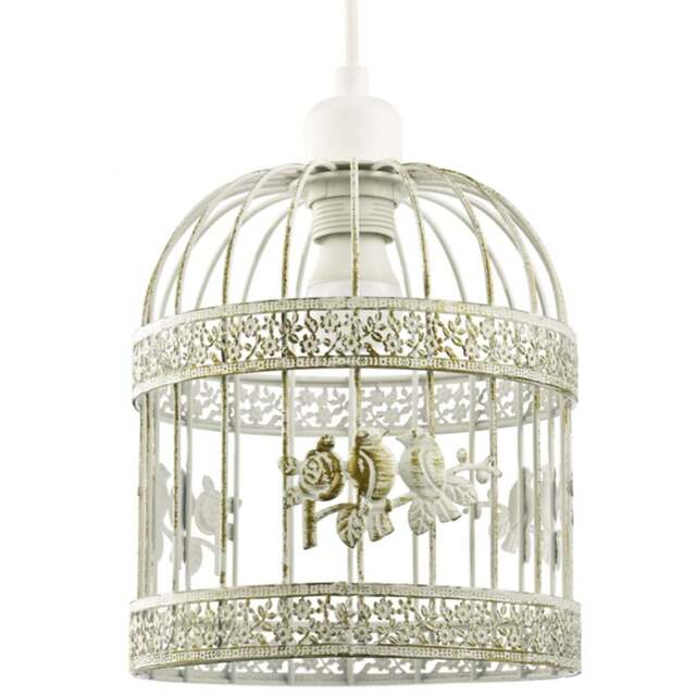 Happy Homewares Brushed Cream and Gold Birdcage 3D Flowers and Birds Shabby Chic Pendant Shade - Size: 23 x 20 x 20cm - Wilko - image 1