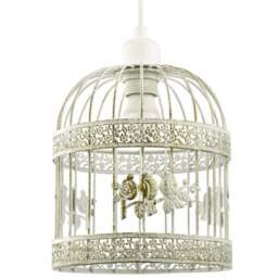 Happy Homewares Brushed Cream and Gold Birdcage 3D Flowers and Birds Shabby Chic Pendant Shade - Size: 23 x 20 x 20cm - Wilko - thumbnail 1