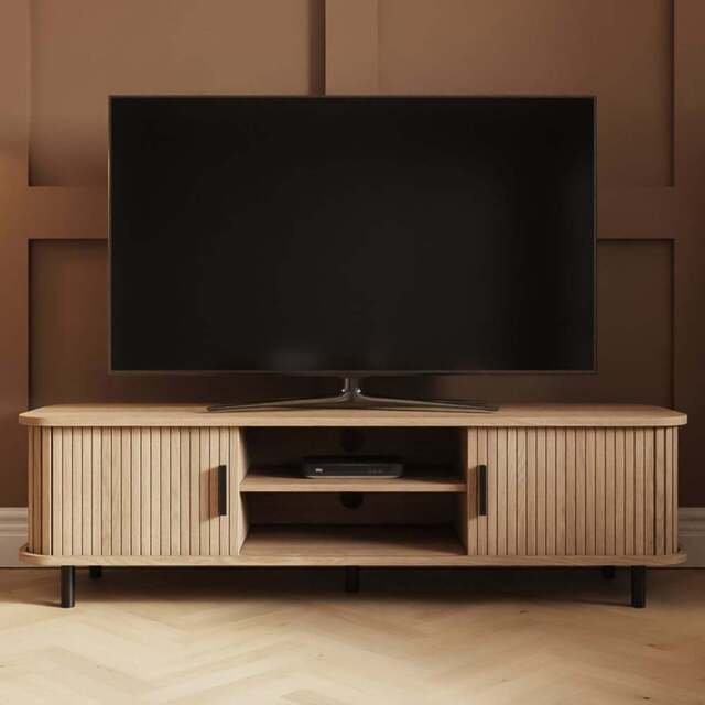GFW Omari 2 Tambour Sliding Door 2 Shelf Oak Slatted TV Unit - Size: 43 x 150 x 40cm - Wilko - image 1