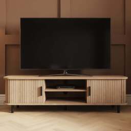 GFW Omari 2 Tambour Sliding Door 2 Shelf Oak Slatted TV Unit - Size: 43 x 150 x 40cm - Wilko