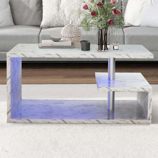 Comfy Living White Marble Effect High Gloss Abstract LED Coffee Table - Size: 46 x 94 x 50cm - Wilko