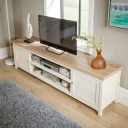 Home Source Avon 2 Door 2 Shelf Extra Large White Oak TV Stand with Cable Management - Size: 50 x 180 x 39cm - Wilko