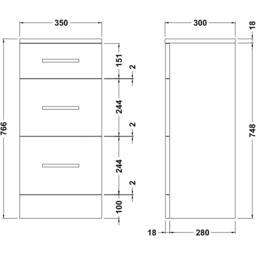 nuie Mayford 3 Drawer Gloss White Slim Floor Standing Unit - Size: 766 x 350 x 300mm - Wilko - thumbnail 4
