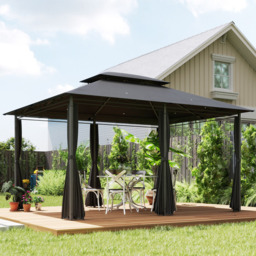Outsunny 4 x 3m 2 Tier Black Steel Frame Garden Gazebo with Curtains - Wilko