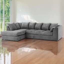 Luxor 4 Seater Grey Jumbo Cord Left Hand Facing Scatter Back L Shaped Corner Sofa Set - Wilko