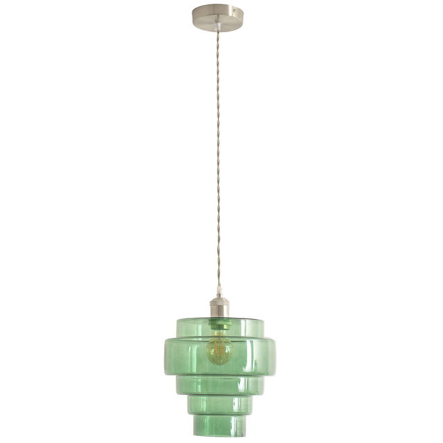 ValueLights Lane 5 Tier Green Glass Shade Brushed Chrome Single LED Ceiling Pendant Light - Size: 135.5 x 23.5 x 23.5cm - Silver - Wilko - image 1