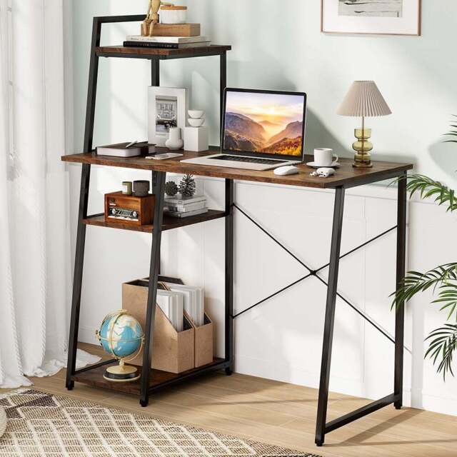 Costway Computer Desk with Bookshelf and Host Stand Brown - Size: 110 x 62 x 15cm - Wilko