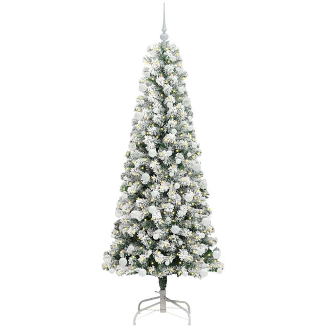 vidaXL Pre-Lit Warm White LED and White Baubles Snow Flocked Artificial Christmas Tree 5.9ft - Green - Wilko - image 1