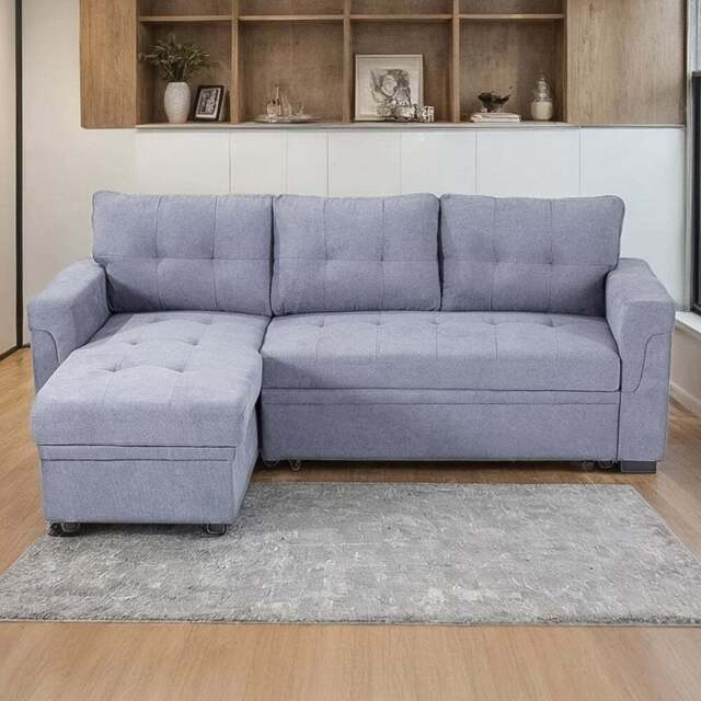H&O Direct 3 Seater Chaise Sofa Bed with Hidden Storage - Grey - Wilko - image 1