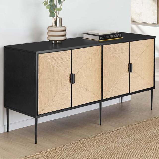Tectake Juna 4 Door Natural Jute Look Sideboard - Size: 77 x 150 x 47cm - Black - Wilko - image 1