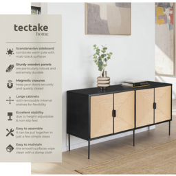 Tectake Juna 4 Door Natural Jute Look Sideboard - Size: 77 x 150 x 47cm - Black - Wilko - thumbnail 4
