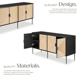 Tectake Juna 4 Door Natural Jute Look Sideboard - Size: 77 x 150 x 47cm - Black - Wilko - thumbnail 5