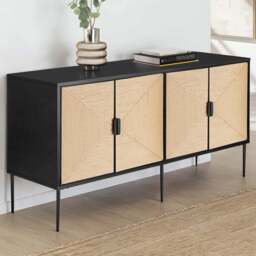 Tectake Juna 4 Door Natural Jute Look Sideboard - Size: 77 x 150 x 47cm - Black - Wilko - thumbnail 1