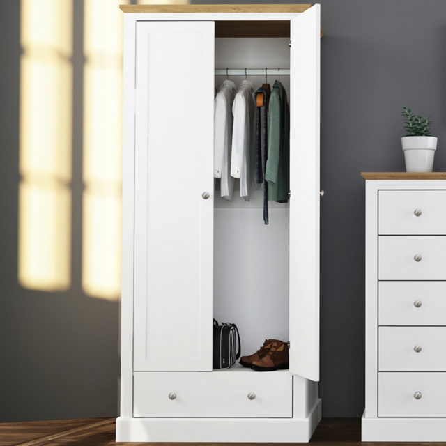 Devon 2 Door Single Drawer White Wardrobe - Size: 2 Door, Single Drawer - LPD Home - Wilko - image 1