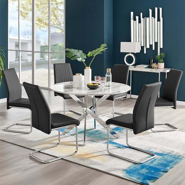 Furniturebox Arona Fortana Marble Effect 6 Seater Round Dining Set White Chrome and Black - Wilko - image 1