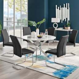 Furniturebox Arona Fortana Marble Effect 6 Seater Round Dining Set White Chrome and Black - Wilko - thumbnail 1