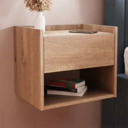 GFW Harmony Single Drawer Oak Wooden Wall Mounted Bedside Table Set of 2 - Brown - Wilko - thumbnail 1