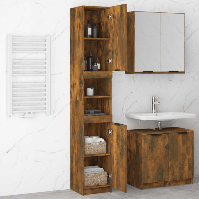 vidaXL 2 Door Smoked Oak Wood Bathroom Cabinet - Size: 188.5 x 32 x 34cm - Brown - Wilko - image 1