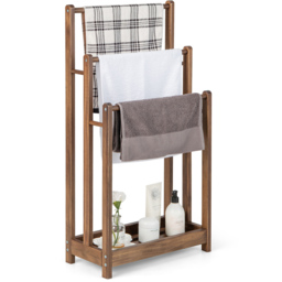 Costway 3 Tier Rustic Brown Wood Freestanding Towel Rack with Shelf - Size: 94 x 34 x 6cm - Wilko