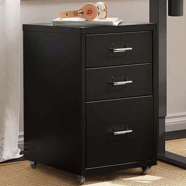 Living and Home Black 3 Tier Vertical File Cabinet with Wheels - Size: 48.5 x 28 x 41cm - Wilko - image 1