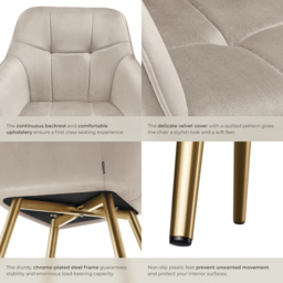 Tectake Marilyn Tauper and Gold Quilted Velvet Continuous Backrest Chair Set of 6 - Grey - Wilko - thumbnail 6