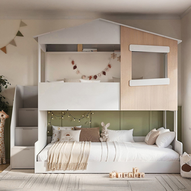 Flair Dreamland White and Oak Play House Triple Bunk Bed with Staircase - Size: Single + Small Double - Wilko - image 1