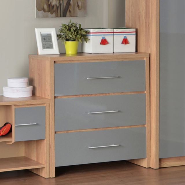 Seconique Seville 3 Drawer Grey Gloss Light Oak Effect Veneer Chest of Drawers - Wilko - image 1