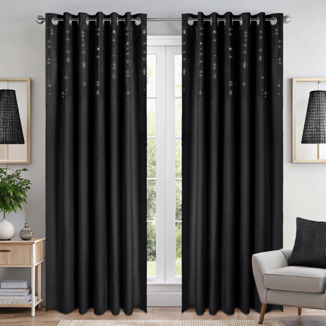 Alan Symonds Black Cascading Diamante Studs Velvet Blackout Ring Top Eyelet Curtains 117 x 183cm - Size: W 117 x D 183cm - Wilko - image 1