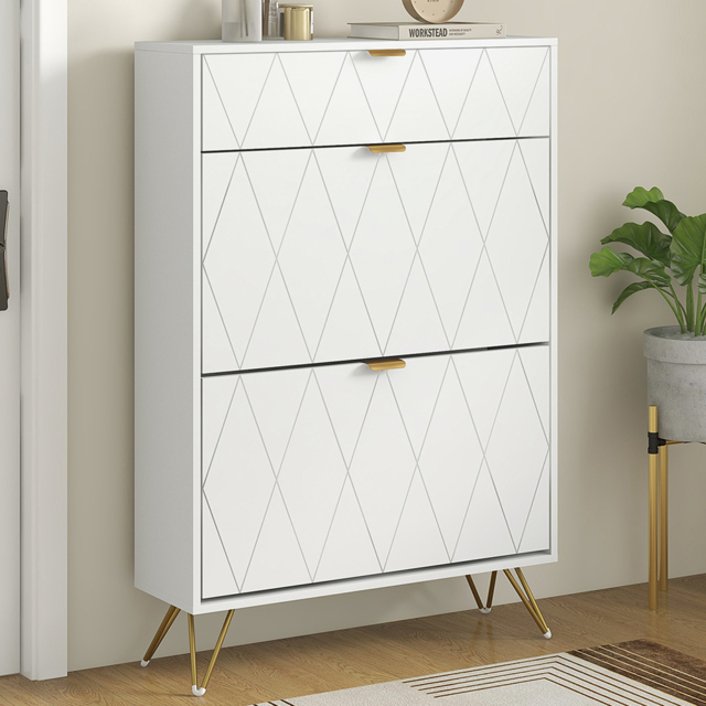 Portland 3 Flip Door Shoe Storage Cabinet - Size: 117 x 24 x 76cm - White - Wilko - image 1
