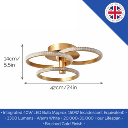 Happy Homewares Brushed Gold LED Ceiling Light with Crystal Effect Acrylic - Size: 14 x 42 x 42cm - Wilko - thumbnail 7