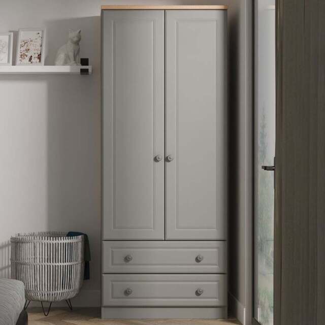 Crowndale Norfolk 2 Door 2 Drawer Dusk Grey and Bardolino Oak Wardrobe Ready Assembled - Dusk Grey & Bardolino Oak - Wilko - image 1