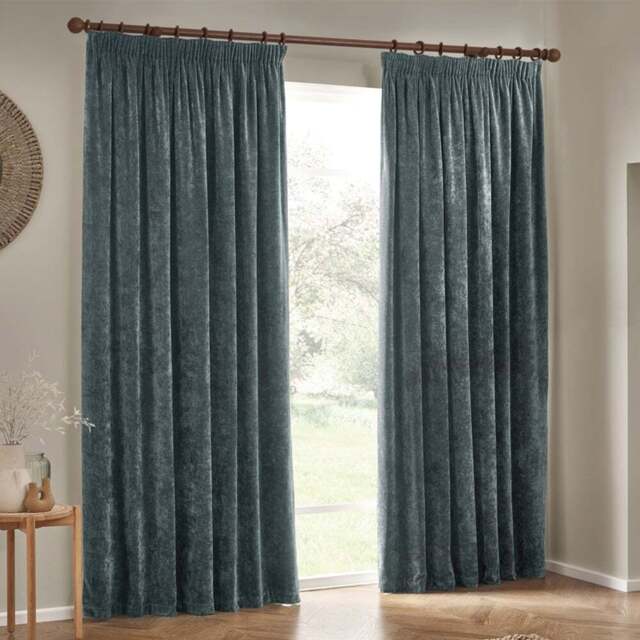 Yard Heavy Marine Chenille Velvet Pencil Pleat Curtains 229 x 229cm - Size: W 229 x D 229cm - Blue - Wilko - image 1