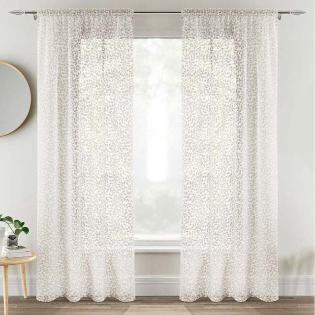 Tyrone Textiles Willow Natural Leaf Print Linen Look Rod Pocket Voile Panel Curtains 140 x 229cm - Size: W 140 x D 229cm - Wilko - image 1