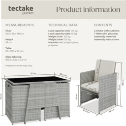 tectake Lausanne 2 Seater Rattan Garden Bistro Set Light Grey - Wilko - thumbnail 7