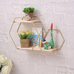 Living and Home 2 Tier Gold Framed Wall Hanging Floating Hexagonal Wall Shelf - Size: 24 x 41.5 x 10cm - Wilko - thumbnail 6