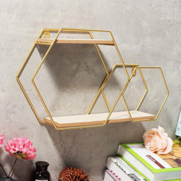 Living and Home 2 Tier Gold Framed Wall Hanging Floating Hexagonal Wall Shelf - Size: 24 x 41.5 x 10cm - Wilko - thumbnail 5