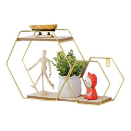 Living and Home 2 Tier Gold Framed Wall Hanging Floating Hexagonal Wall Shelf - Size: 24 x 41.5 x 10cm - Wilko - thumbnail 4