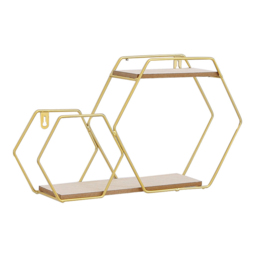 Living and Home 2 Tier Gold Framed Wall Hanging Floating Hexagonal Wall Shelf - Size: 24 x 41.5 x 10cm - Wilko - thumbnail 1