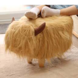 Gardeco Hazel The Highland Cow Light Brown Synthetic Fur Footstool - Size: 36 x 61 x 32cm - Wilko