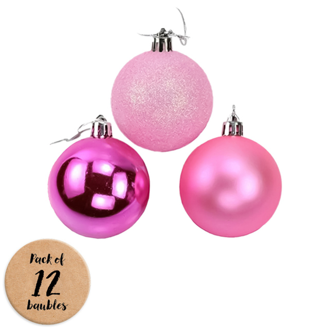 Shatchi 3cm Pink Shatterproof Christmas Bauble 12 Pack - Wilko - image 1