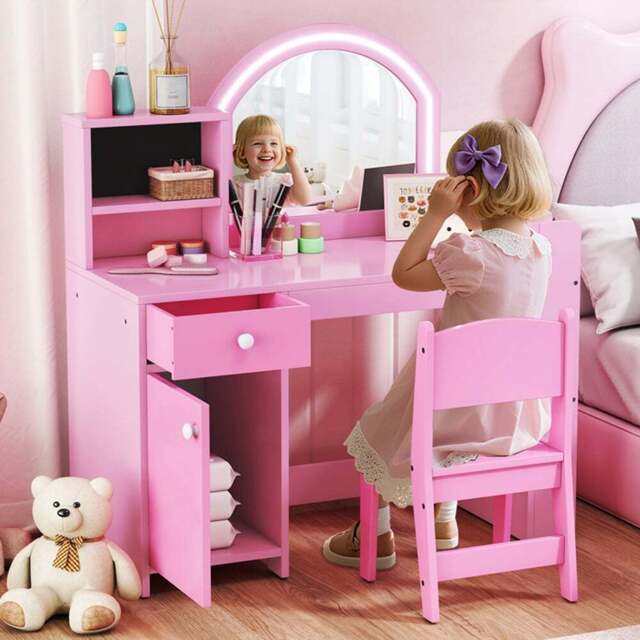 AIYAPLAY 2 Piece Pink LED Mirror Kids Dressing Table and Stool Set - Size: 96.9 x 38.8 x 88.6cm - Wilko - image 1