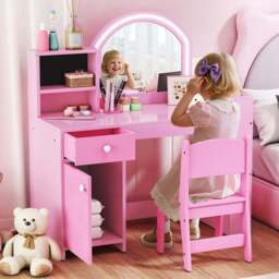 AIYAPLAY 2 Piece Pink LED Mirror Kids Dressing Table and Stool Set - Size: 96.9 x 38.8 x 88.6cm - Wilko