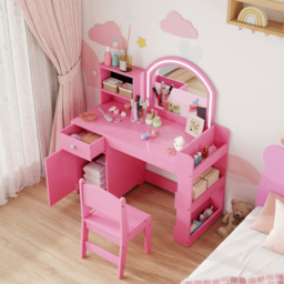 AIYAPLAY 2 Piece Pink LED Mirror Kids Dressing Table and Stool Set - Size: 96.9 x 38.8 x 88.6cm - Wilko - thumbnail 4